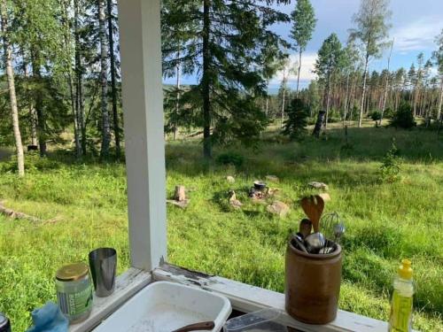 a kitchen window with a view of a field at The Secret Cabin 