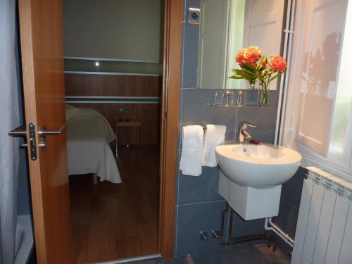a bathroom with a sink and a vase of flowers at Hotel El Mesón in Javier