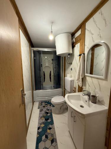 a bathroom with a sink and a toilet and a mirror at Vikendica Čardak in Srebrenik
