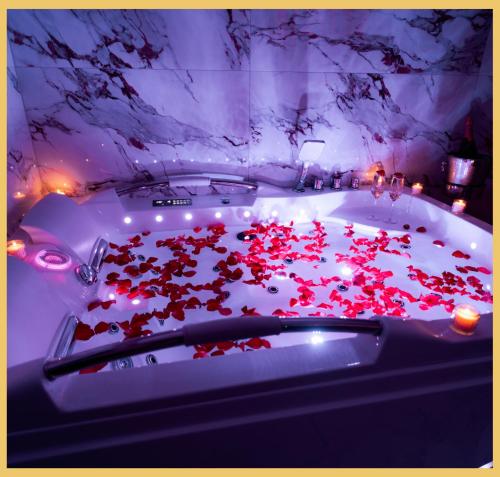 a bath tub filled with red flowers in a room at B Unique Appartement Jacuzzi I Cinéma in Gaillard