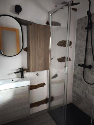 un bagno con doccia, lavandino e specchio di Cortijo Los Castaños - Capileira a Capileira