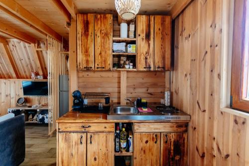 a kitchen with wooden cabinets and a sink in a cabin at WIND Cottage in Žabljak