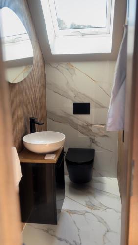 a bathroom with a sink and a toilet and a window at Domek w Jesionach in Sława