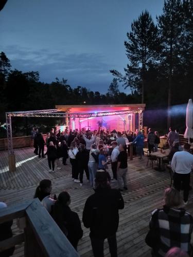 a crowd of people standing around a stage at night at Enonkosken Kartano & Guesthouse in Enonkoski