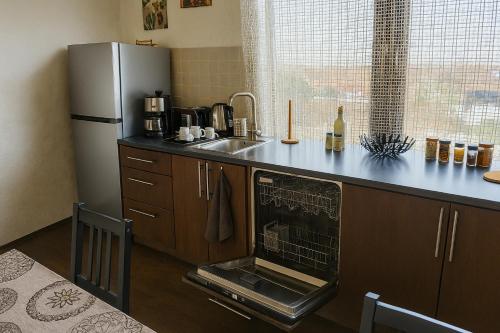 a kitchen with a refrigerator and a sink at Bellevue Beam House in Covasna