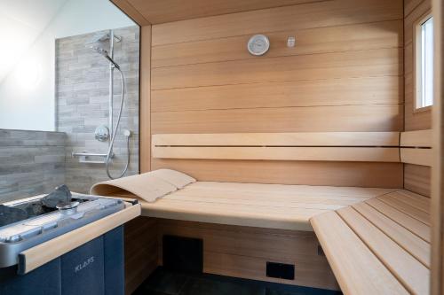 ノイシュタット・イン・ホルシュタインにあるLuxus Fairschlafen am Hafen mit Sauna und BBQの部屋に洗面台とシャワーを備えたサウナ