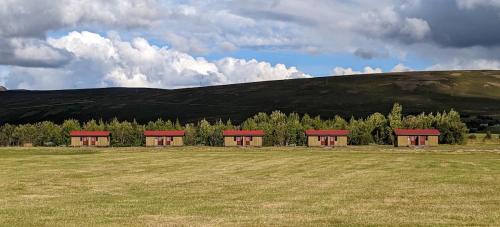 a row of buildings in a field in front of a hill at Staðarhóll Guesthouse in Grenjaðarstaður