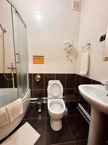a bathroom with a toilet and a sink at Silk Way Hotel in Kokshetau