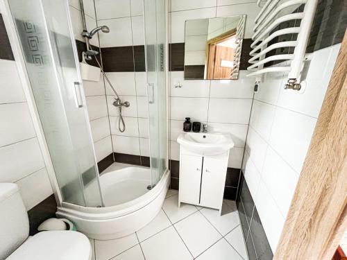 a bathroom with a shower and a toilet and a sink at Gospodarstwo Agroturystyczne Joanna Jasińska in Dąbki
