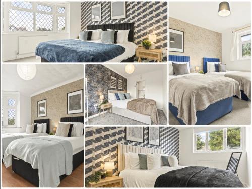 a collage of pictures of a bedroom with two beds at Six Bedroom House by Brookland Stays Serviced Accommodation Short Lets Hertfordshire with Free WiFi in Leavesden Green