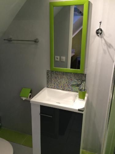 a bathroom with a sink and a green mirror at L'Eden B&B in Thiais