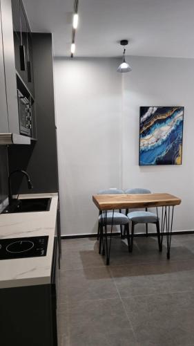 シェンジンにあるHermanos Apartment 109の部屋にテーブルと椅子のあるキッチン