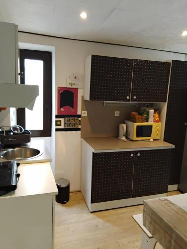 une cuisine avec un évier et un micro-ondes dans l'établissement breil sur roya, à Breil-sur-Roya