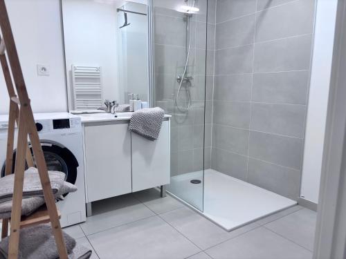 une salle de bain avec douche et machine à laver dans l'établissement T2 à proximité des plages, à Saint-Cyr-sur-Mer
