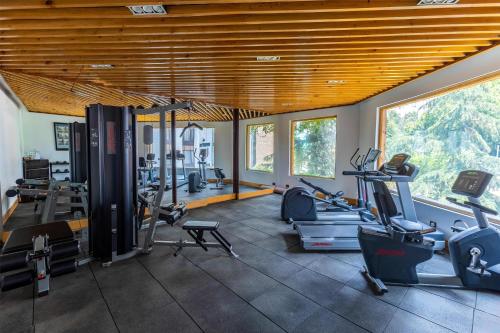 a gym with several treadmills and exercise bikes in it at Radisson Srinagar in Srinagar