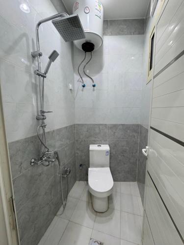 a small bathroom with a toilet and a shower at شقق الاطاولة المفروشة in Āl Ţāwilah