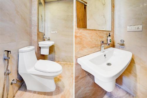 two pictures of a bathroom with a toilet and a sink at FabHotel Arastu Plaza - Nr Nampally Railway Station in Hyderabad