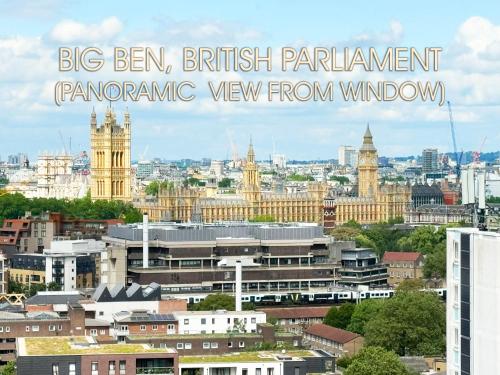 a view of a city with the words big ben british parliament at Big Ben Panorama, Parliament View, 3 bedrooms, Central London, Luxurious flat for 6 guests in London