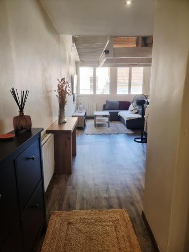 un salon avec un canapé et une table dans l'établissement Appartement au coeur de la ville, à Aix-les-Bains