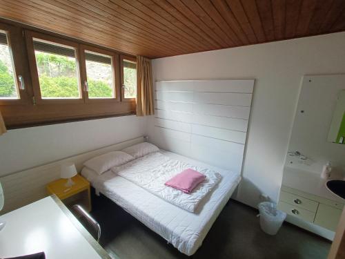 a small room with a bed with a pink pillow on it at Ostello Montebello - Bellinzona Youth Hostel in Bellinzona