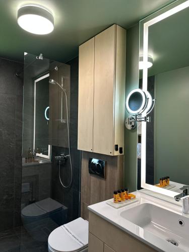 a bathroom with a sink and a shower and a toilet at Reconnect Glamping Stulpicani in Stulpicani
