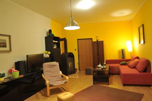 a living room with a couch and a fire place at Penzion Libertas Mariánské Lázně in Mariánské Lázně
