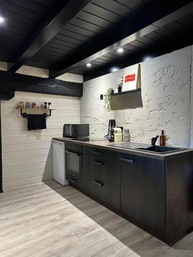 une cuisine avec un évier et une cuisinière dans l'établissement Le Canal, à Dole