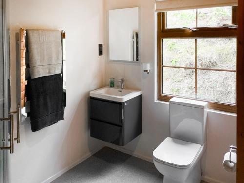 a bathroom with a toilet and a sink and a window at Crown Hill Lodge in Cononley