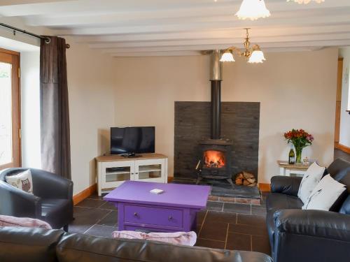 a living room with a couch and a fireplace at Yr Hen Feudy in Valley