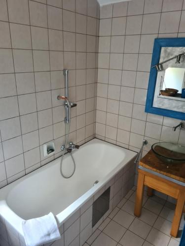 a bath tub with a shower in a bathroom at HOTEL Jerolitsch in Krumpendorf am Wörthersee
