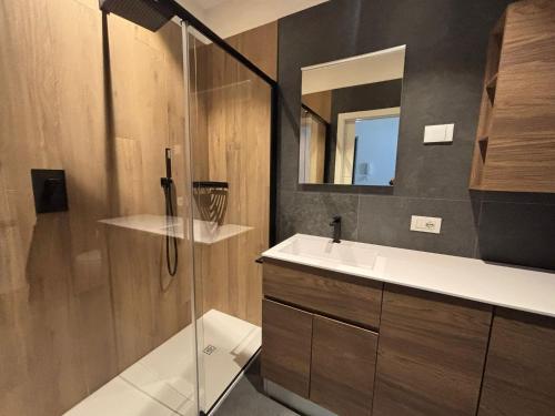 a bathroom with a shower and a sink and a mirror at Mountain Garden Apartments Abete in Giustino