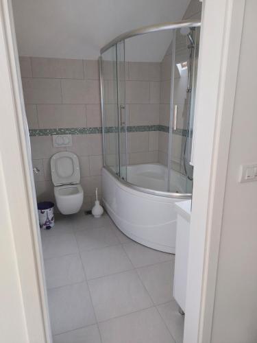 a bathroom with a tub and a toilet and a sink at Apartman Nikola in Malo Središte
