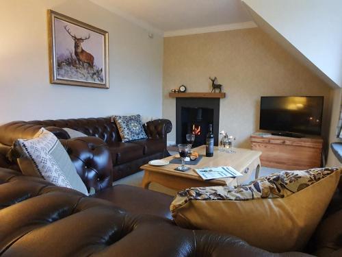 a living room with leather furniture and a fireplace at Ben Ledi View in Callander
