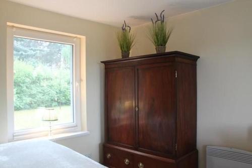 a bedroom with a wooden cabinet with two plants on it at Freistehendes Kleines Ferienhausaus Mit Whirlpool Im Außenbereich Und Einem Paddelboot Umgeben Von Wäldern Und Wiesen in Schwielochsee