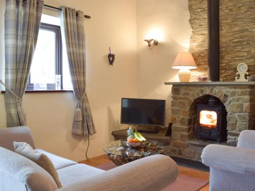 ein Wohnzimmer mit Kamin und Fernseher in der Unterkunft Hay Barn - Dinas Country Club in Dinas