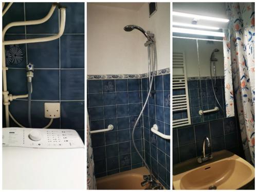 three pictures of a bathroom with a shower and a sink at Studio à 200 mètres la plage du Plan d'eau in Embrun