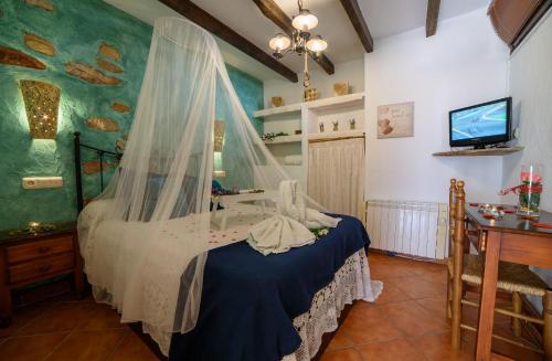 a bedroom with a bed with a mosquito net at Casa Al Revés in Laroya