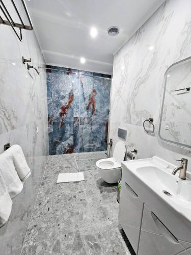 a bathroom with a shower and a toilet and a sink at Palmira Hotel Bishkek in Bishkek