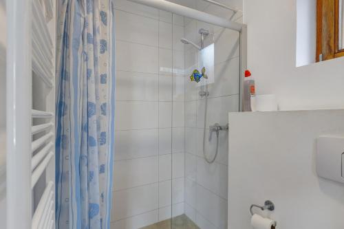 a bathroom with a shower with a blue shower curtain at Bergblick Apartments in Radolfzell am Bodensee