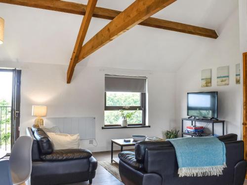 ein Wohnzimmer mit 2 Ledersofas und einem TV in der Unterkunft Dizzard Cottage in Bude