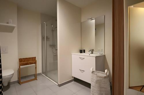 a bathroom with a shower and a sink and a toilet at A5 - Résidence La Montille in Mont-Dore