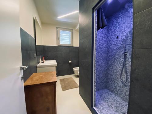 a bathroom with a shower with a blue tile at Villa immersa nei campi in Casal Fiumanese