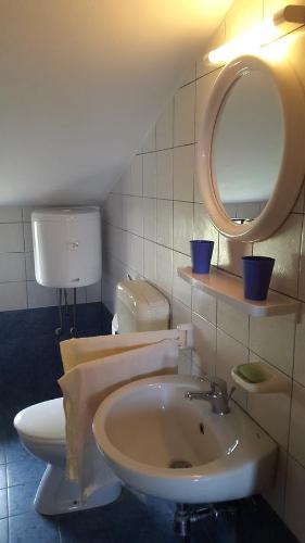 a bathroom with a sink and a toilet and a mirror at Apartments Ukić in Tribunj
