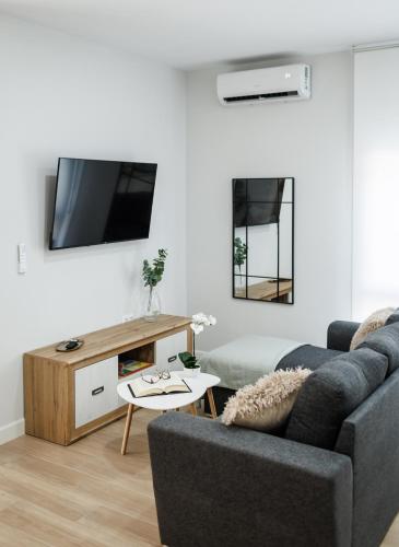 a living room with a couch and a tv on a wall at Apartamentos LUXURY SUITES MACABEO in Almendralejo