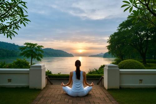a woman sitting in a lotus position in front of a lake at The Grand Luang Prabang, Affiliated by Meliá in Luang Prabang