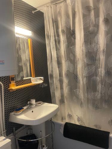 a bathroom with a sink and a shower curtain at Appartement pour 6 personnes au pied des pistes au calme aux Menuires les Asters in Les Menuires
