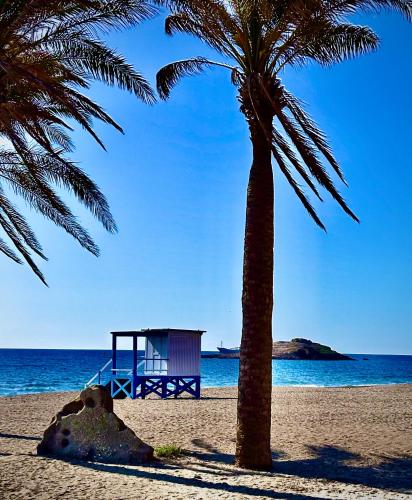 a palm tree and a lifeguard station on a beach at Nautilus in Carboneras