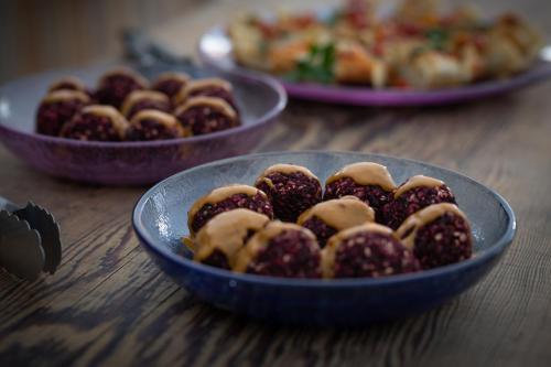 a table with three bowls of food on it at Eco- Friendly Glamping Retreat in Salyer