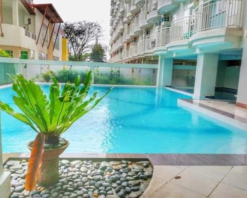 a swimming pool with a plant in the middle of a building at Jhohanna's Cozy Corners in Iruhin