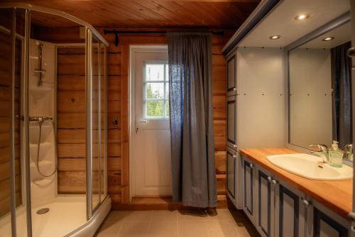 a bathroom with a shower and a sink at Trysilfjellet Sør 802 in Trysil